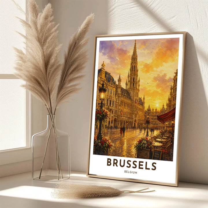 A picturesque Belgian cityscape print featuring glowing lanterns and ornate facades at Brussels Grand Place in Belgium under an amber sky. Offered in flexible choices such as unframed archival poster paper, custom wood framing, and gallery canvas wraps.