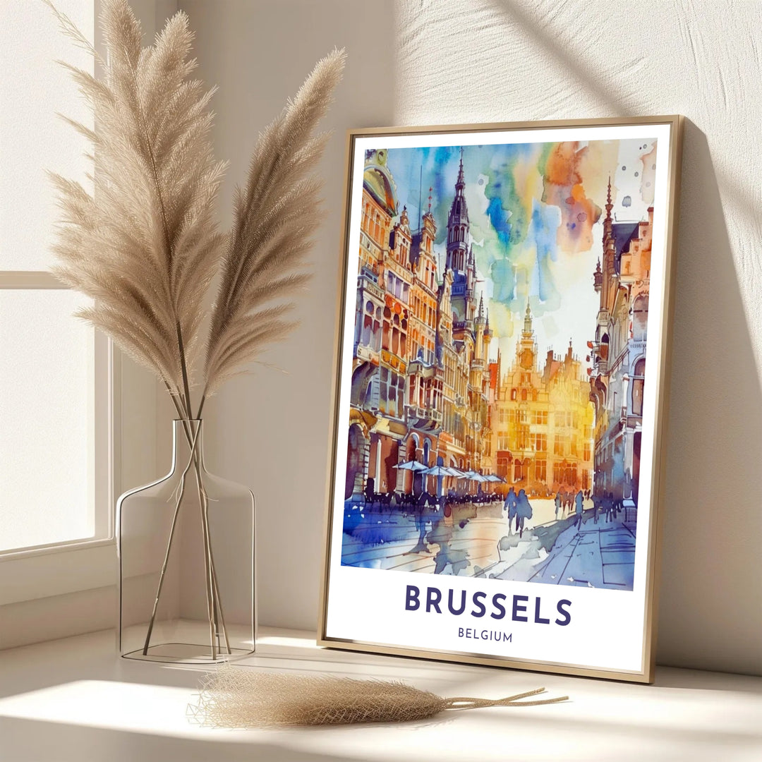 A picturesque Belgian cityscape print featuring vibrant guild house facades and café umbrellas at Brussels Grand Place in Belgium. Offered in flexible choices such as unframed archival poster paper, custom wood framing, and gallery canvas wraps.