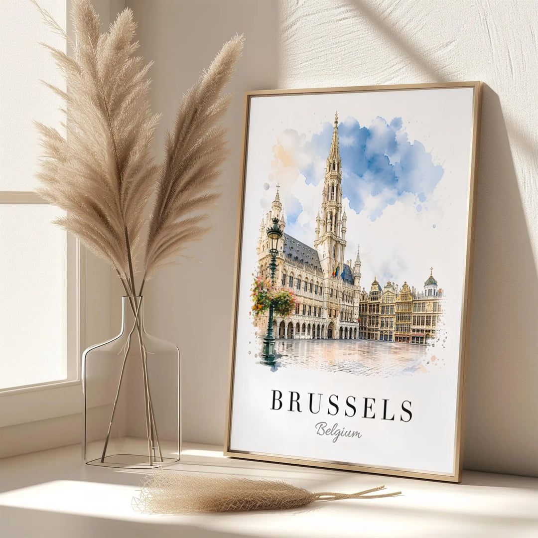 A picturesque Belgian cityscape print featuring intricate Gothic carvings and a vintage street lantern at Brussels Grand Place in Belgium. Offered in flexible choices such as unframed archival poster paper, custom wood framing, and gallery canvas wraps.