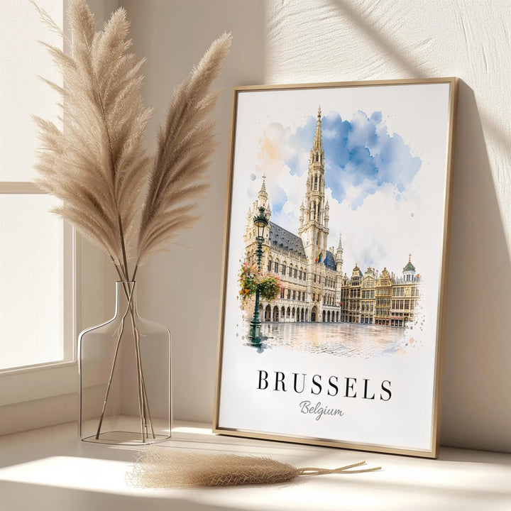 A picturesque Belgian cityscape print featuring intricate Gothic carvings and a vintage street lantern at Brussels Grand Place in Belgium. Offered in flexible choices such as unframed archival poster paper, custom wood framing, and gallery canvas wraps.