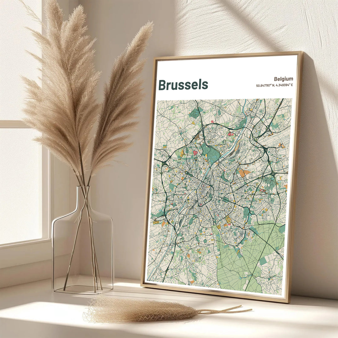 A striking pastel green map print illustrating the full urban grid and latitude/longitude coordinates of Brussels in Belgium. Offered by MapYourDreams, this artwork is available in flexible options including unframed paper, custom wooden frames, and gallery canvas wraps.