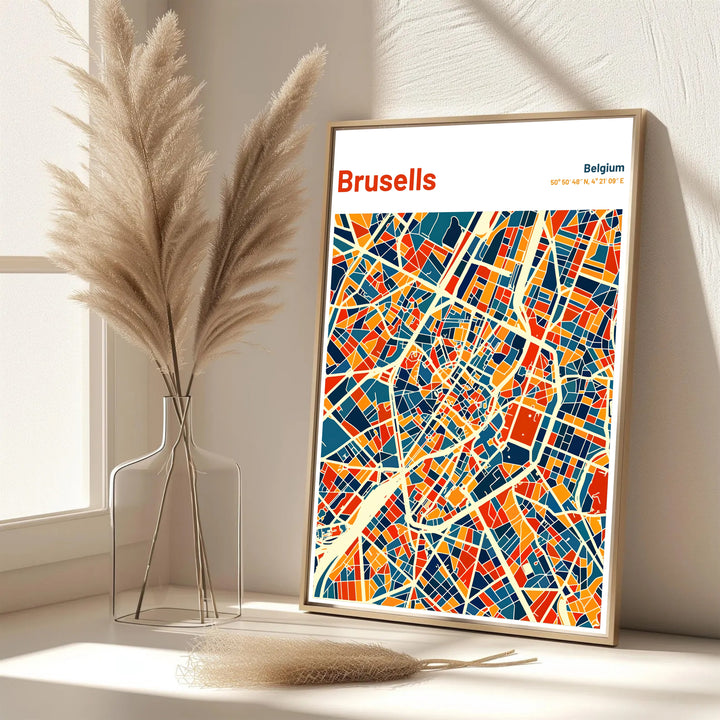 A picturesque Belgian city map print featuring deep navy, teal, orange, and yellow geometric blocks of Brussels in Belgium. Offered in flexible choices such as unframed archival poster paper, custom wood framing, and gallery canvas wraps.