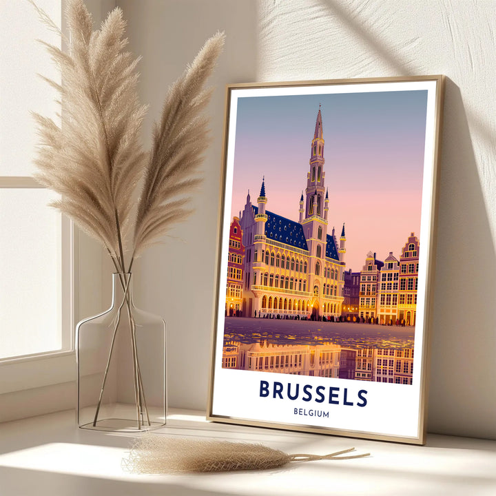A picturesque Belgian city print featuring golden twilight lights and cobblestone mirror reflections in Brussels, Belgium. Offered in flexible choices such as unframed archival poster paper, custom wood framing, and gallery canvas wraps.