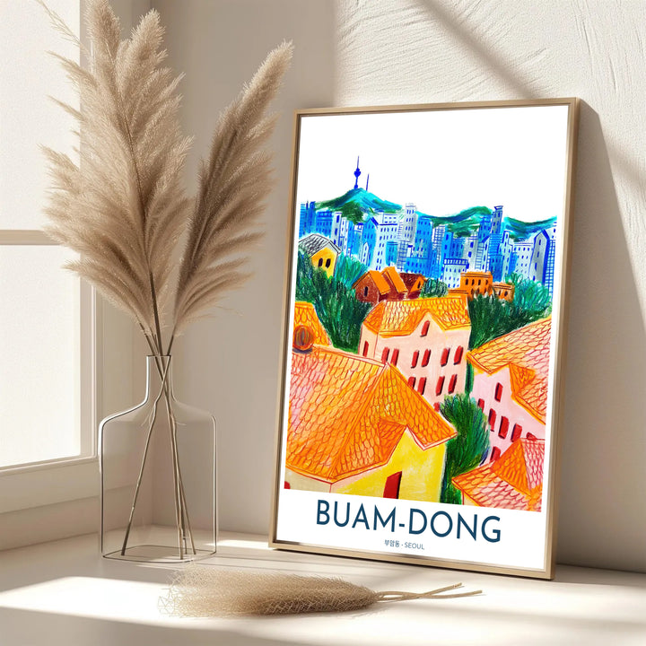 Expressive Korean travel artwork of Buam-dong in Seoul highlighting the contrast between historic residential rooftops and modern city skylines crowned by N Seoul Tower. Offered by MapYourDreams, this artwork is available in flexible options including unframed paper, custom wooden frames, and gallery canvas wraps.