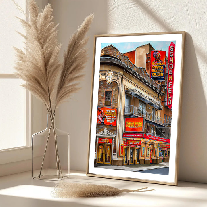 Elegant Broadway venue art print featuring glowing red marquee letters, detailed window frames, and show posters at the Gerald Schoenfeld Theatre, provided by MapYourDreams with options for an unframed paper print, a gallery wrapped canvas, or a custom framed presentation style for theatre lovers.