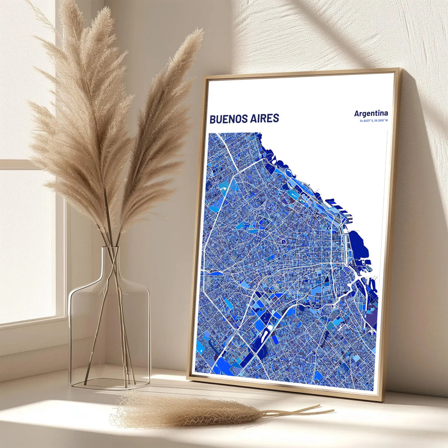 Scenic Buenos Aires street grid poster presenting modern cartographic design with multi-tonal blue block accents. Handpicked for the MapYourDreams catalog, this artwork is available in flexible styles including unframed paper prints, wooden frames, or gallery canvas.
