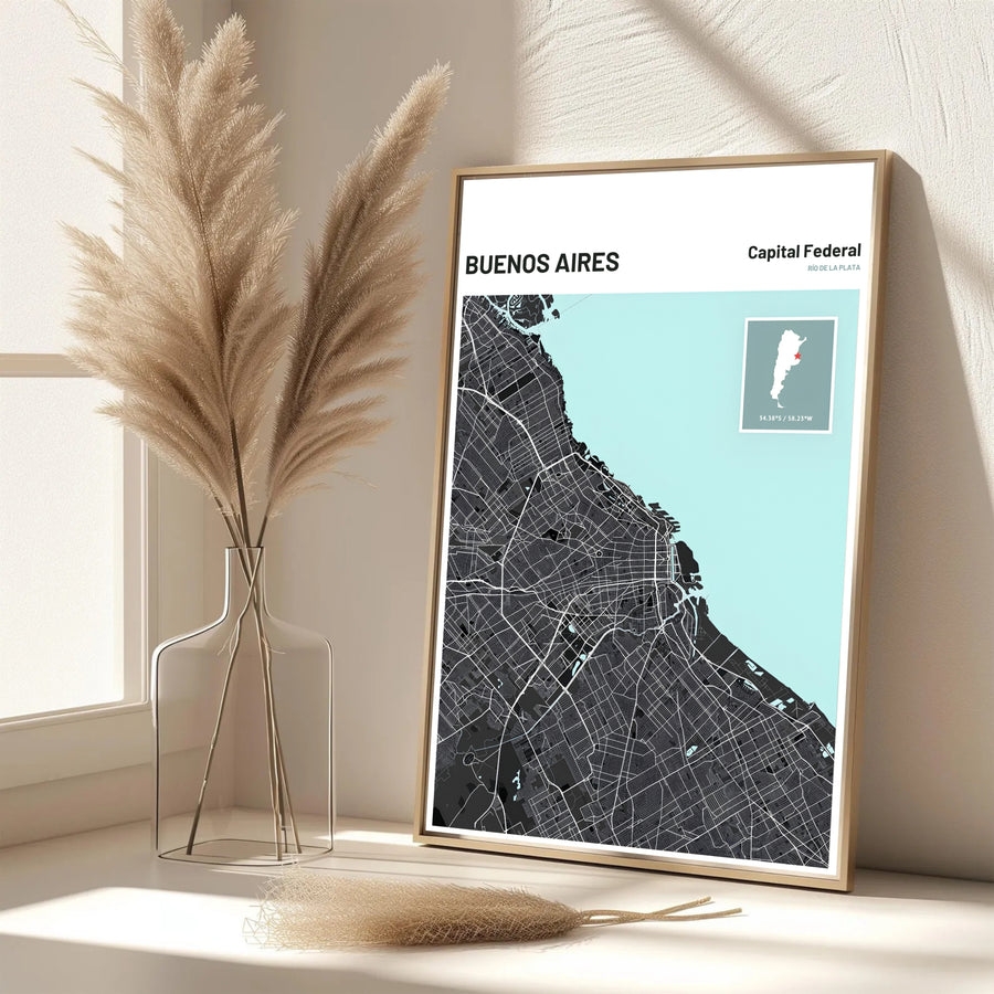 Vibrant charcoal and mint green cartography print depicting the full metropolitan layout of Buenos Aires along the riverbank. Offered by MapYourDreams, customers can choose between standalone paper prints, ready-to-hang wooden frames, and gallery canvas wraps.