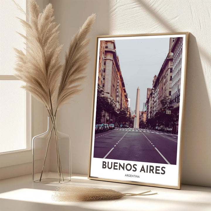 Scenic Argentina street photo print showcasing the grand urban architecture and central monument of downtown Buenos Aires. Handpicked for the MapYourDreams catalog, this artwork is available in flexible styles including unframed paper prints, wooden frames, or gallery canvas.