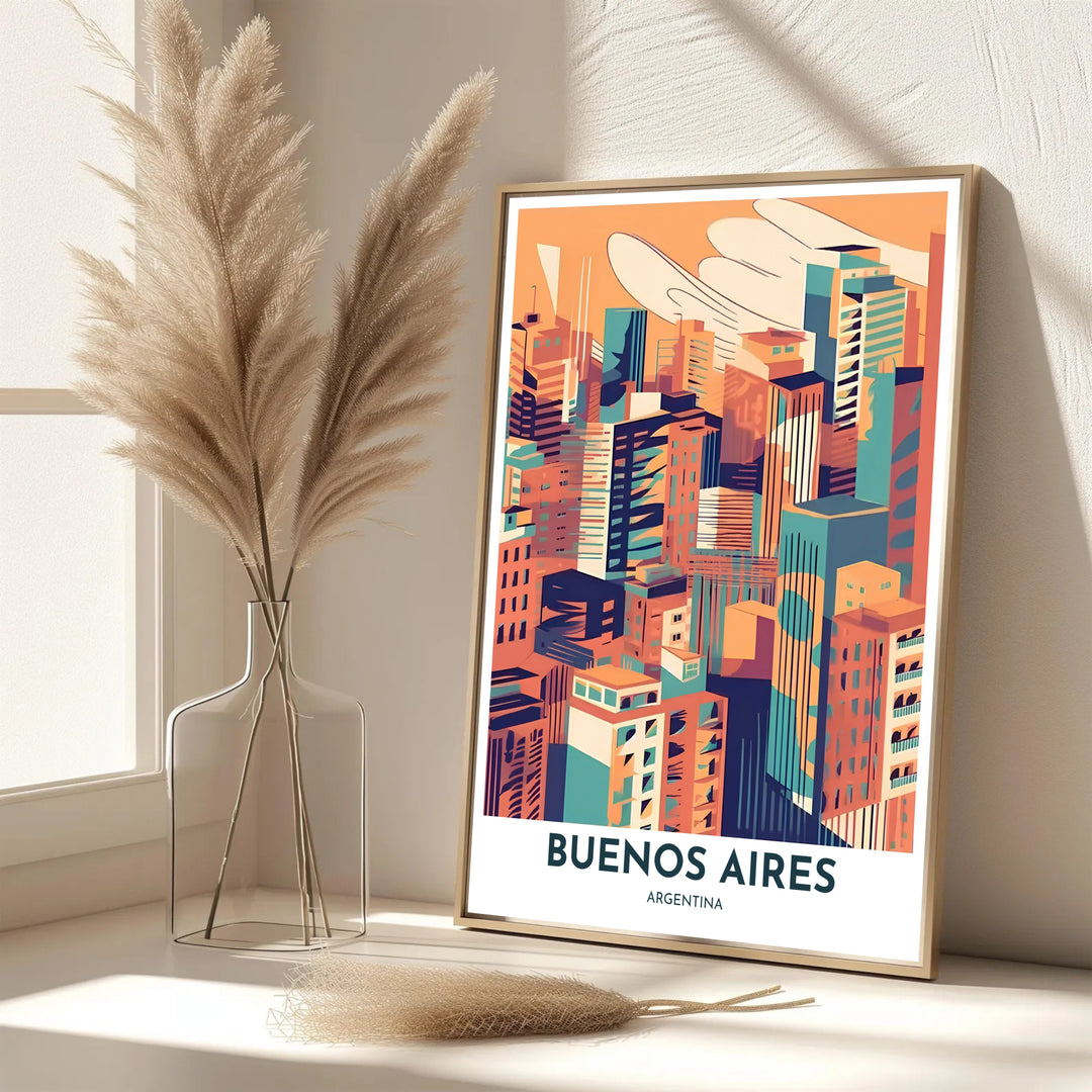 Retro travel poster showcasing the architectural skyline of Buenos Aires with colorful high-rises and bold header typography. Presented by MapYourDreams, this piece comes in flexible choices such as unframed paper stock, custom frames, and gallery canvas wraps.