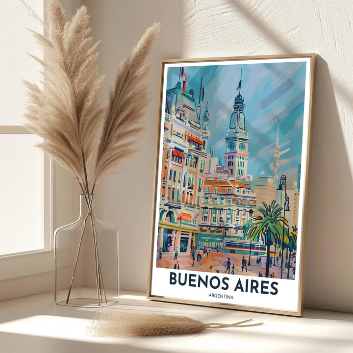 Scenic Argentina travel poster showcasing European-style avenues, pedestrians, and palm trees under a light-filled sky. Handpicked for the MapYourDreams catalog, this artwork is available in flexible styles including unframed paper prints, wooden frames, or gallery canvas.