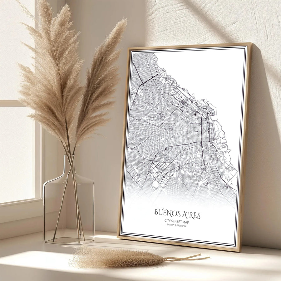 High-contrast city grid map print of Buenos Aires with modern typography and exact latitude and longitude coordinates. Created by MapYourDreams, this artwork is adaptable for any interior in unframed prints, solid wooden frames, or gallery canvas wraps.