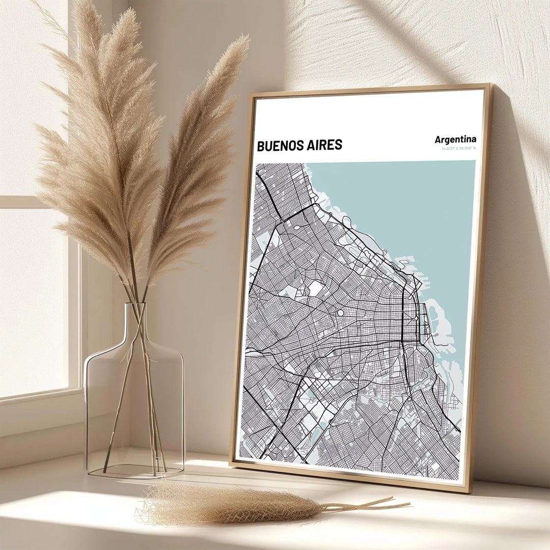 Urban road network map print of Buenos Aires presenting a sleek geometric aesthetic printed on matte archival art paper. Offered by MapYourDreams, customers can choose between standalone paper prints, ready-to-hang wooden frames, and gallery canvas wraps.