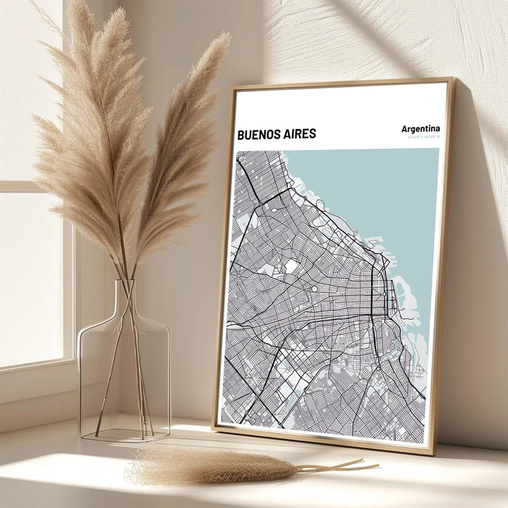 Urban road network map print of Buenos Aires presenting a sleek geometric aesthetic printed on matte archival art paper. Offered by MapYourDreams, customers can choose between standalone paper prints, ready-to-hang wooden frames, and gallery canvas wraps.