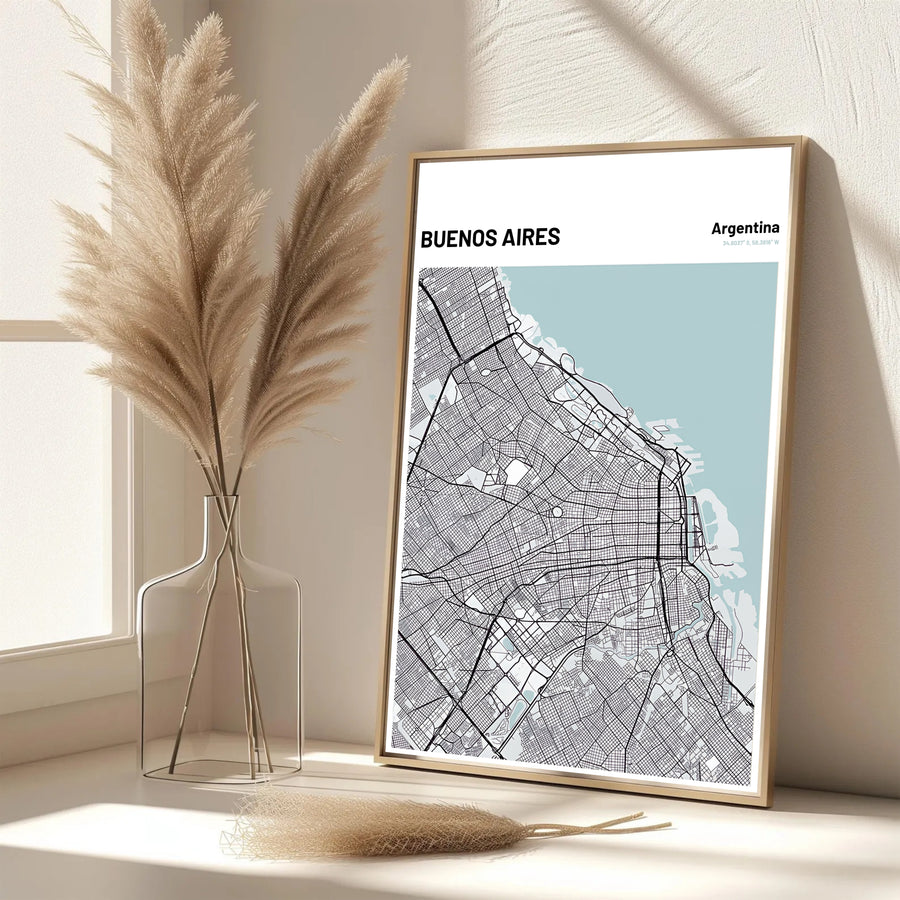 Urban road network map print of Buenos Aires presenting a sleek geometric aesthetic printed on matte archival art paper. Offered by MapYourDreams, customers can choose between standalone paper prints, ready-to-hang wooden frames, and gallery canvas wraps.