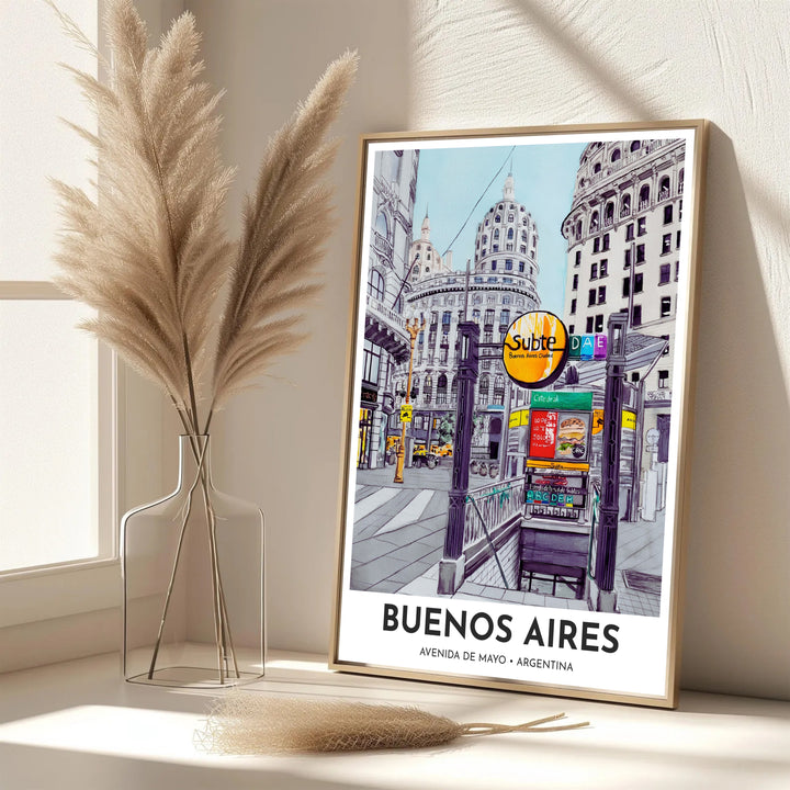 Scenic Argentina city travel poster featuring the Subte metro entrance and stone architectural cupolas under a clear sky. Handpicked for the MapYourDreams catalog, this artwork is available in flexible styles including unframed paper prints, wooden frames, or gallery canvas.
