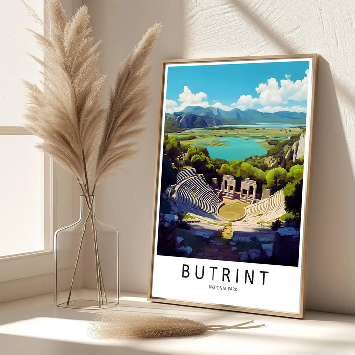 Eye-catching Butrint travel print of Albania created with archival matte materials to preserve vibrant green forest and blue lake tones over time. Offered by MapYourDreams, this artwork is available in flexible options including unframed paper, custom wooden frames, and gallery canvas wraps.