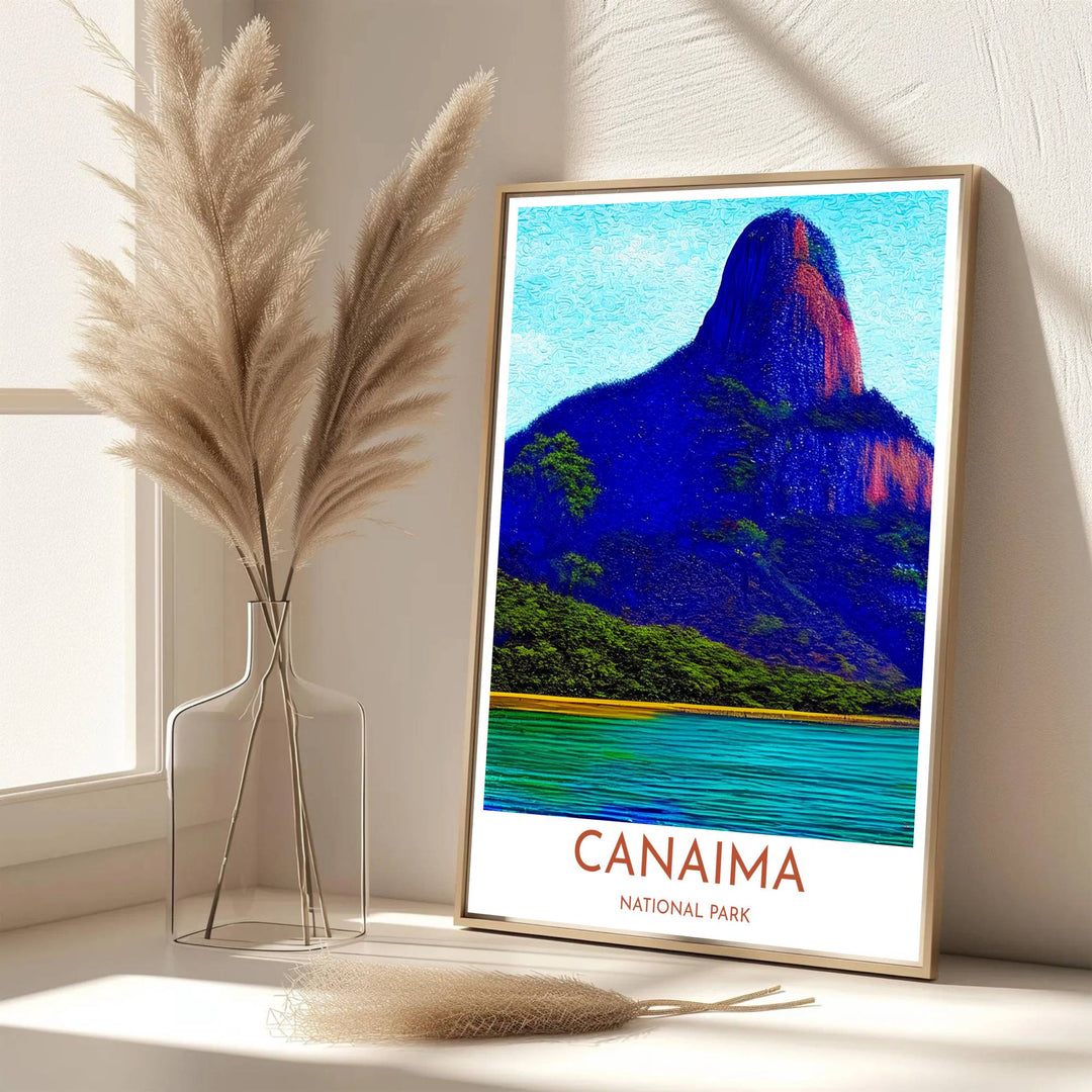 Scenic travel poster displaying the world-famous tepui mountains in a bold post-impressionist impasto color palette. Handpicked for the MapYourDreams catalog, this artwork is available in flexible styles including unframed paper prints, wooden frames, or gallery canvas.