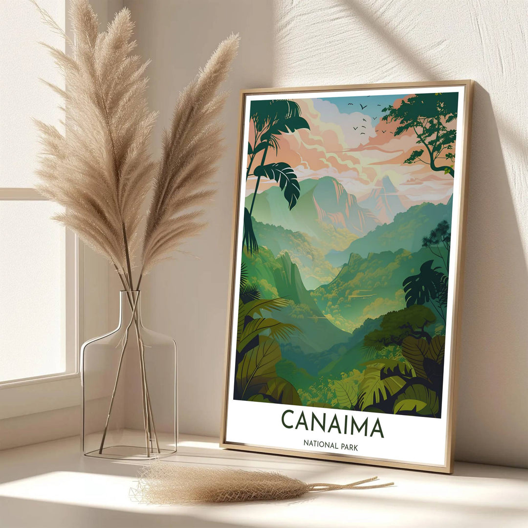 Scenic travel poster displaying the world-famous Canaima National Park in a soft pastel sunrise color palette. Handpicked for the MapYourDreams catalog, this artwork is available in flexible styles including unframed paper prints, wooden frames, or gallery canvas.