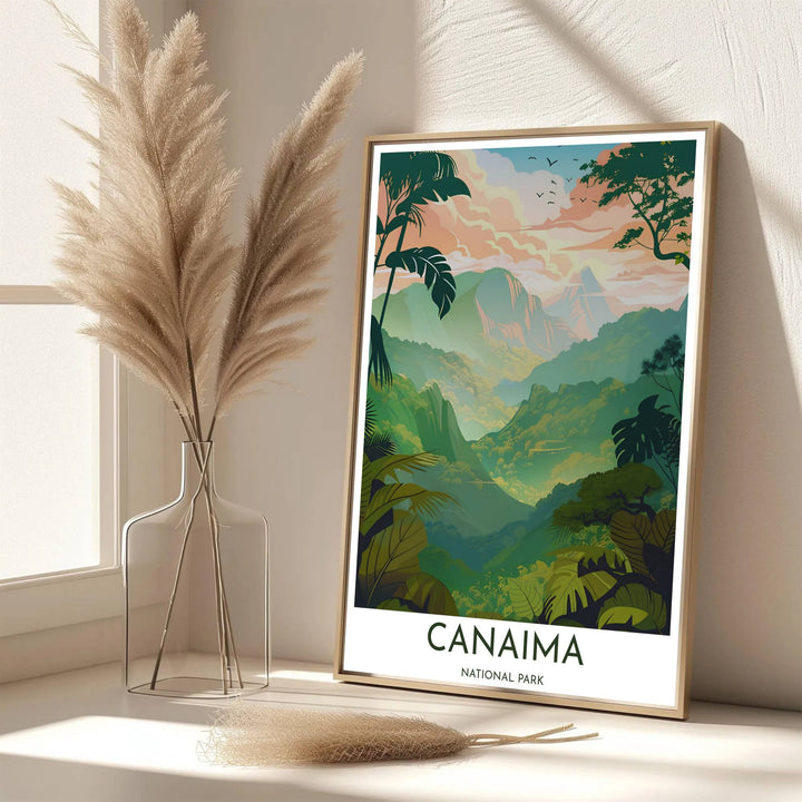Scenic travel poster displaying the world-famous Canaima National Park in a soft pastel sunrise color palette. Handpicked for the MapYourDreams catalog, this artwork is available in flexible styles including unframed paper prints, wooden frames, or gallery canvas.
