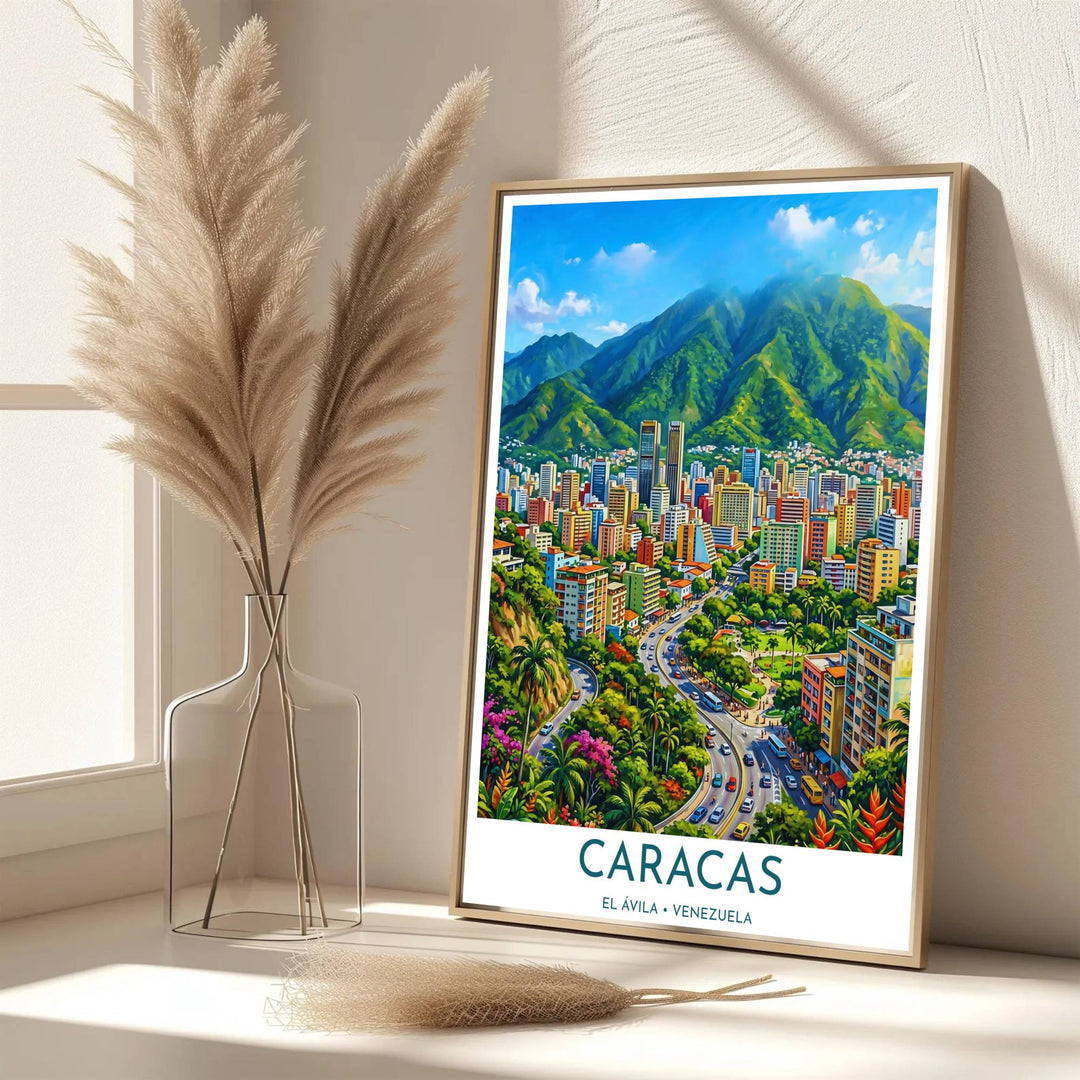 Scenic travel poster displaying the world-famous El Ávila mountain range and Caracas city skyline in a rich colorful palette. Handpicked for the MapYourDreams catalog, this artwork is available in flexible styles including unframed paper prints, wooden frames, or gallery canvas.
