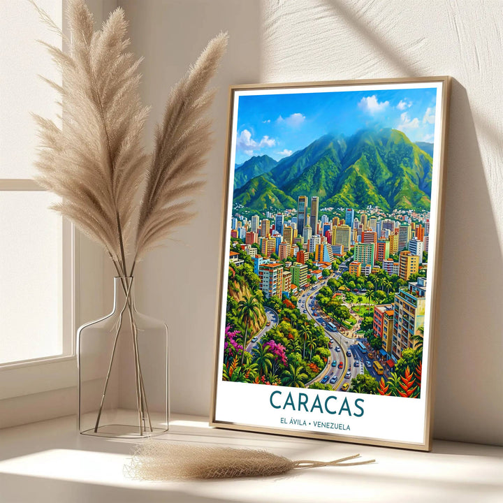 Scenic travel poster displaying the world-famous El Ávila mountain range and Caracas city skyline in a rich colorful palette. Handpicked for the MapYourDreams catalog, this artwork is available in flexible styles including unframed paper prints, wooden frames, or gallery canvas.