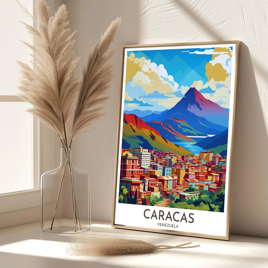 Scenic travel poster displaying the world-famous El Ávila peak in a bold vector pop-art color palette. Handpicked for the MapYourDreams catalog, this artwork is available in flexible styles including unframed paper prints, wooden frames, or gallery canvas.