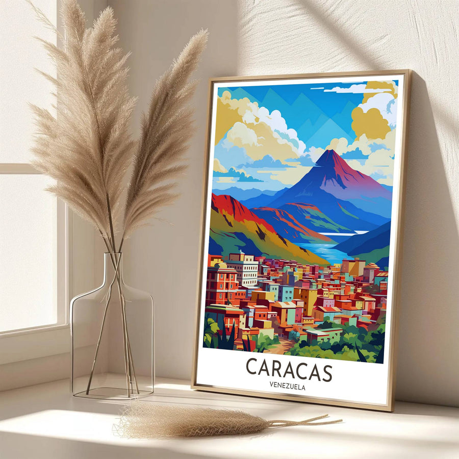 Scenic travel poster displaying the world-famous El Ávila peak in a bold vector pop-art color palette. Handpicked for the MapYourDreams catalog, this artwork is available in flexible styles including unframed paper prints, wooden frames, or gallery canvas.