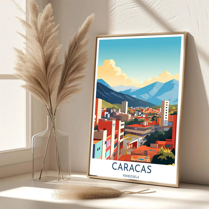 Scenic travel poster displaying the world-famous Mount El Ávila and Caracas skyline in a smooth vector color palette. Handpicked for the MapYourDreams catalog, this artwork is available in flexible styles including unframed paper prints, wooden frames, or gallery canvas.