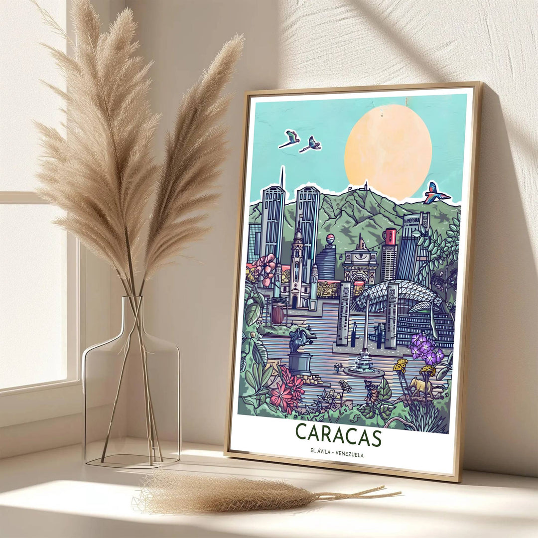 Scenic travel poster displaying the world-famous Caracas skyline and Mount El Ávila in a retro pop art color palette. Handpicked for the MapYourDreams catalog, this artwork is available in flexible styles including unframed paper prints, wooden frames, or gallery canvas.