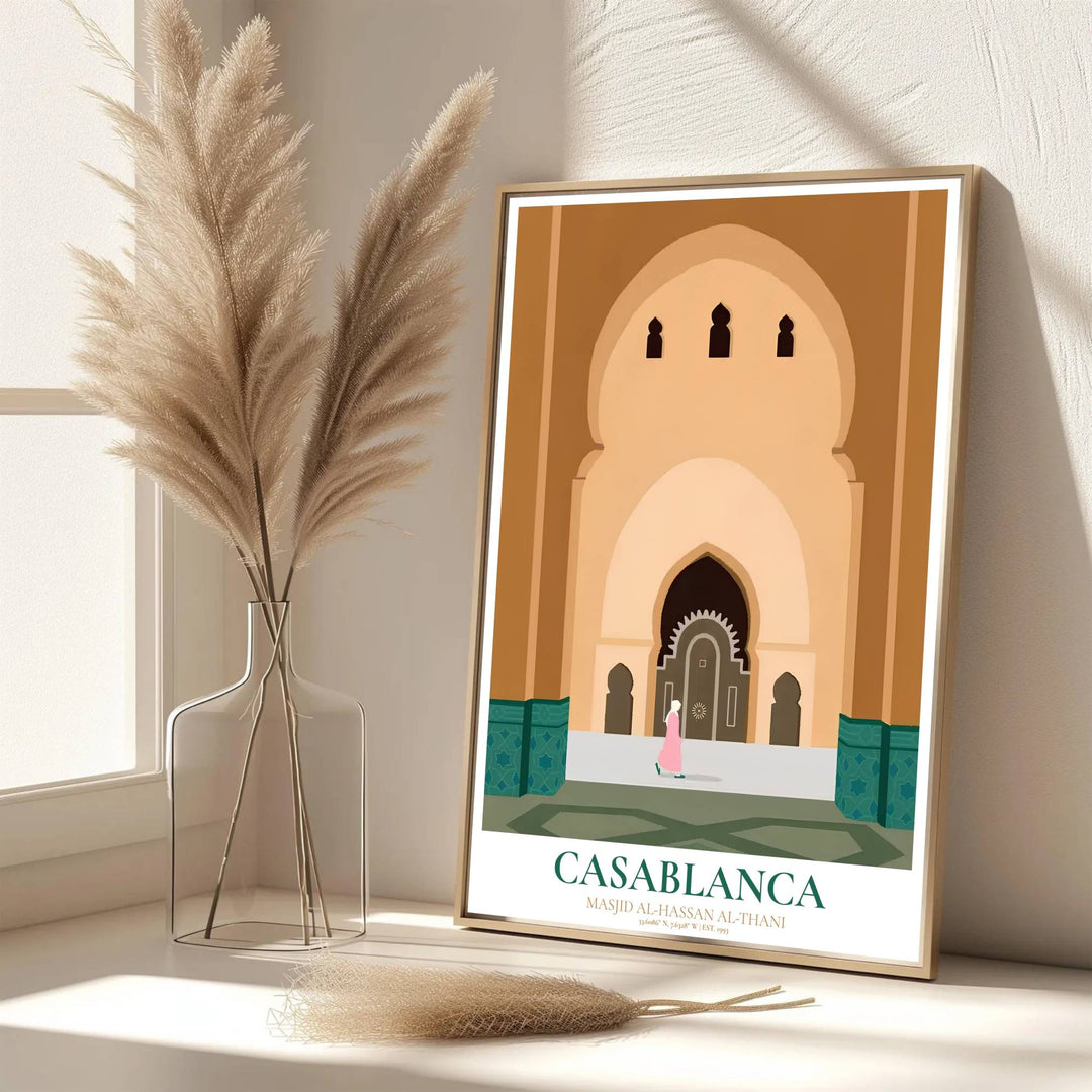 Scenic Moroccan architecture poster of Casablanca Hassan II Mosque rendered in a crisp, warm-toned vector aesthetic. Developed by MapYourDreams, this artwork is available in flexible options including unframed paper, custom wooden frames, and gallery canvas wraps for hallway wall decor.