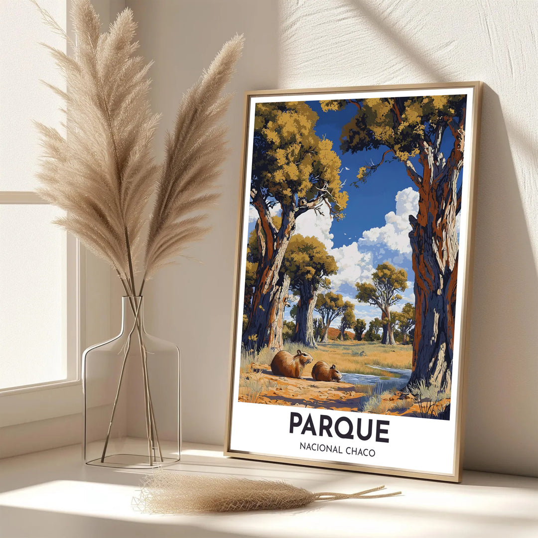 Scenic travel poster featuring capybaras along a stream in Chaco National Park with clear sky views. Handpicked for the MapYourDreams catalog, this artwork is available in flexible styles including unframed paper prints, wooden frames, or gallery canvas.