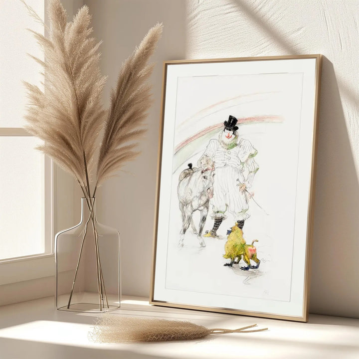 Elegant French vintage circus drawing of Cheval Et Singe Dresses (1899), Henri de Toulouse-Lautrec showing theatrical animals in Paris, France. MapYourDreams features custom framed prints, unframed paper wall decor, and gallery canvas choices for artistic home wall spaces.
