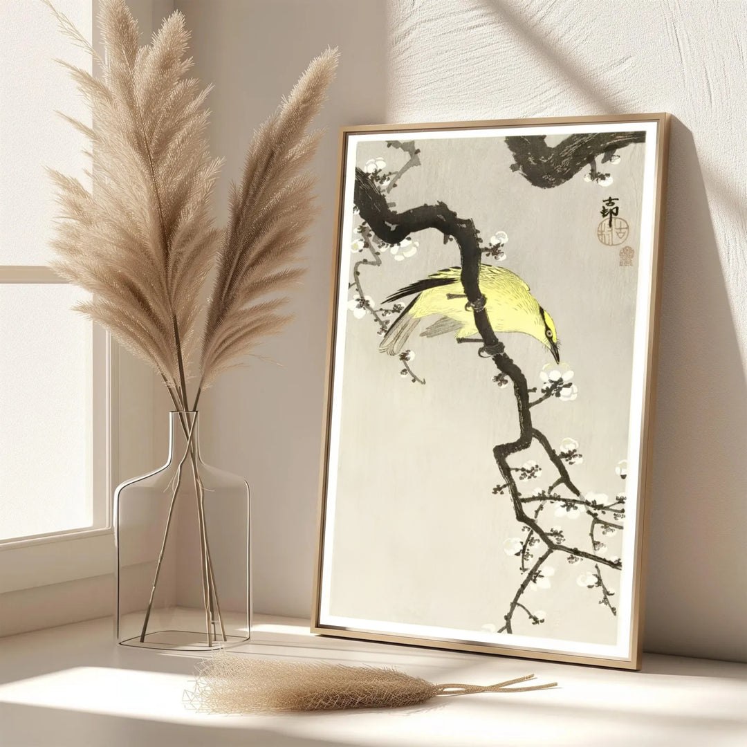 Historic 1900 1910 Japanese botanical bird print with Ohara Koson signature seal reflecting Tokyo printmaking traditions. Select premium framed, unframed, and canvas wall decor options at MapYourDreams.