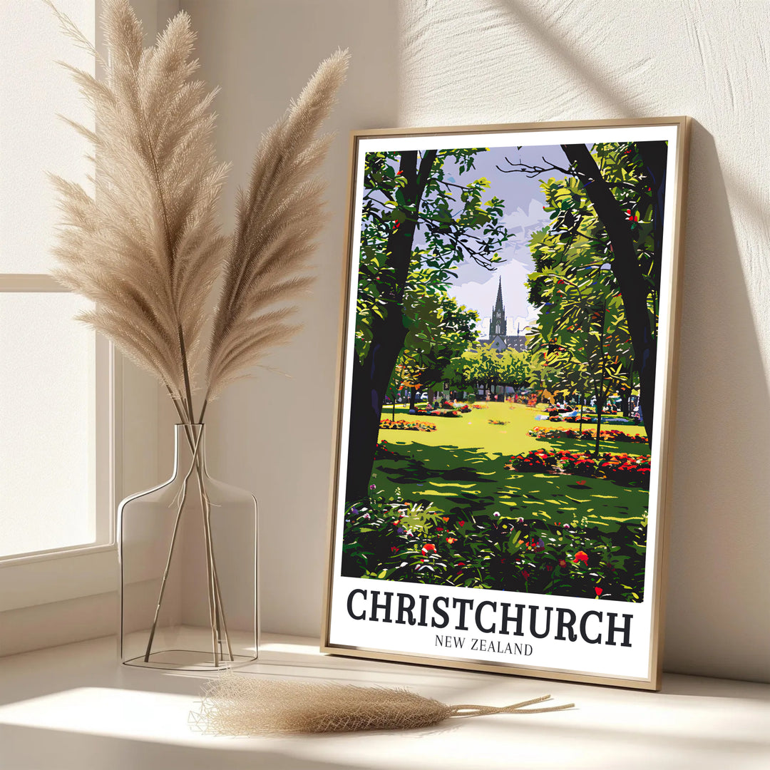 Serene botanical garden vibes and historic cathedral architecture define this Christchurch Botanic Gardens travel poster print. MapYourDreams features framed, unframed, and canvas options for home decor.
