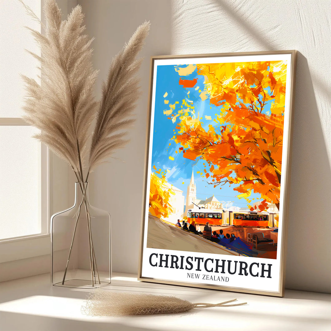 Autumn city vibes and historic tramway heritage define this Christchurch New Zealand travel poster print. MapYourDreams features framed, unframed, and canvas options for living room decor.