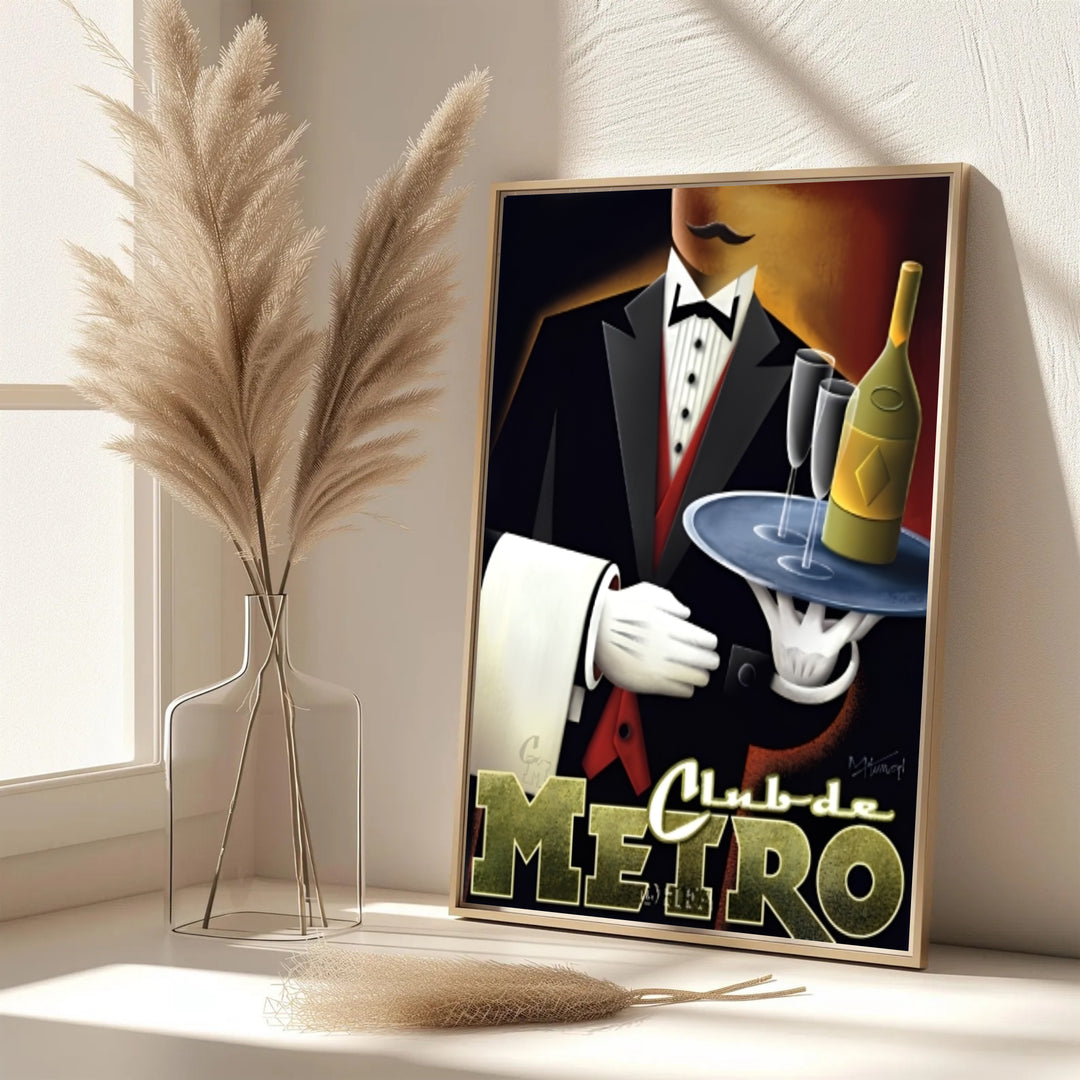 Elegant Art Deco art print featuring metallic typography, white gloved hands, and a champagne bottle at Club de Metro, provided by MapYourDreams with options for an unframed paper print, a gallery wrapped canvas, or a custom framed presentation style for lovers of vintage posters.