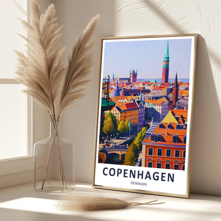 Vibrant Danish cityscape poster displaying terracotta rooftops and historic architectural landmarks in Copenhagen. Offered by MapYourDreams, this artwork is available in flexible options including unframed paper, custom wooden frames, and gallery canvas wraps.