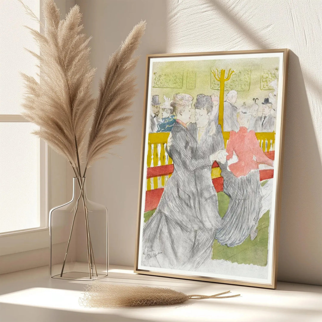 Elegant French vintage dance illustration of Dance At The Moulin Rouge (1897), Henri de Toulouse-Lautrec showing theatrical nightlife in Paris, France. MapYourDreams features custom framed prints, unframed paper wall decor, and gallery canvas choices for sophisticated art spaces.