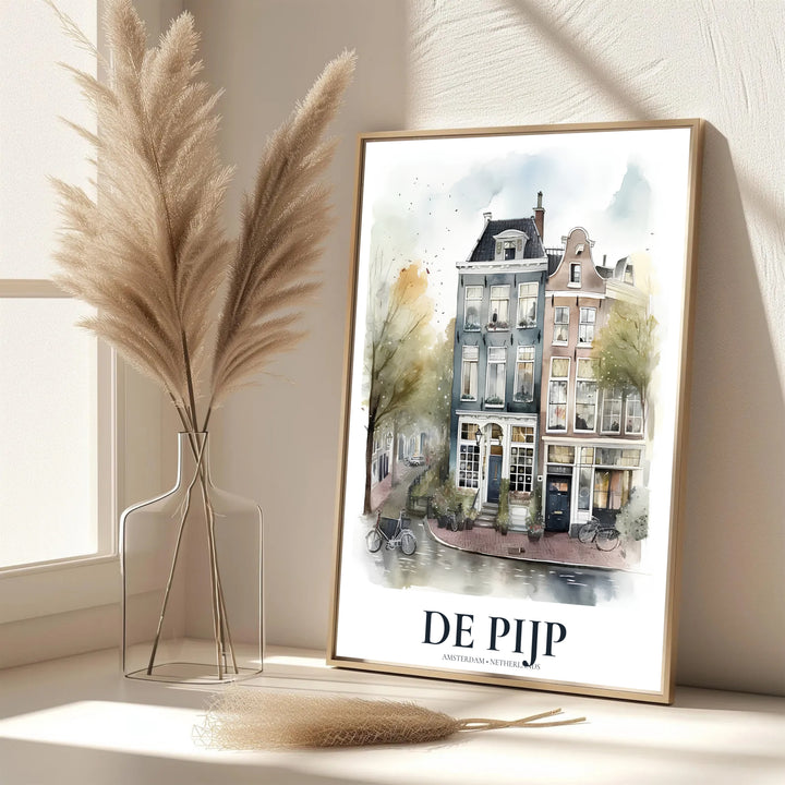 Elegant watercolor European print featuring soft blue facades and classic Dutch bicycles in De Pijp Amsterdam, provided by MapYourDreams with options for an unframed paper print, a gallery wrapped canvas, or a custom framed presentation style for lovers of architectural art.