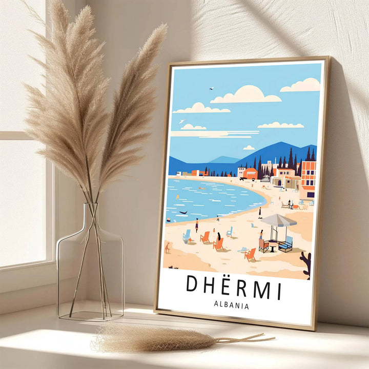 Eye-catching Dhërmi beach print of Albania created with archival matte materials to preserve vibrant turquoise water and sand tones over time. Offered by MapYourDreams, this artwork is available in flexible options including unframed paper, custom wooden frames, and gallery canvas wraps.
