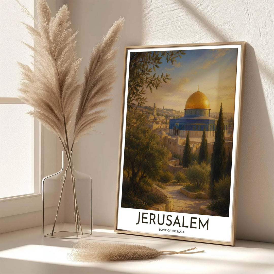 Scenic Palestinian landscape poster of Jerusalem Dome of the Rock surrounded by lush olive trees and stone garden walls. Developed by MapYourDreams, this artwork is available in flexible options including unframed paper, custom wooden frames, and gallery canvas wraps for hallway wall decor.
