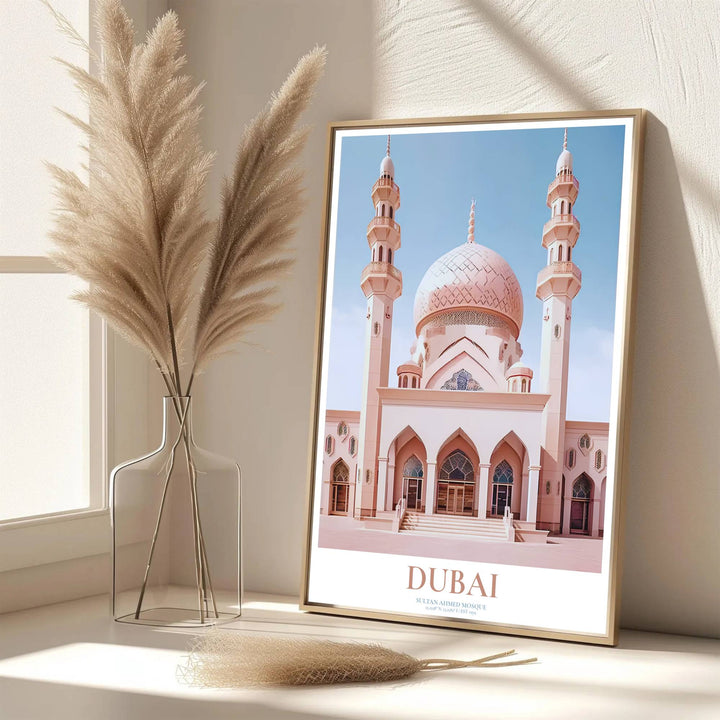 Fine art travel poster of Jumeirah Mosque Dubai with clean title text and subtitle reading SULTAN AHMED MOSQUE. Provided by MapYourDreams, this artwork is available in flexible options including unframed paper, custom wooden frames, and gallery canvas wraps for contemporary setups.
