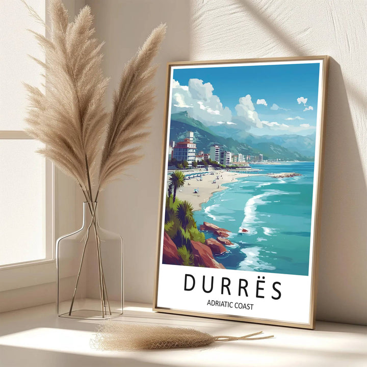 Eye-catching Adriatic beach city artwork celebrating Durrës, Albania, printed on premium archival stock with long-lasting color retention. Available from MapYourDreams as an unframed paper poster, custom-framed print, or gallery-wrapped canvas.