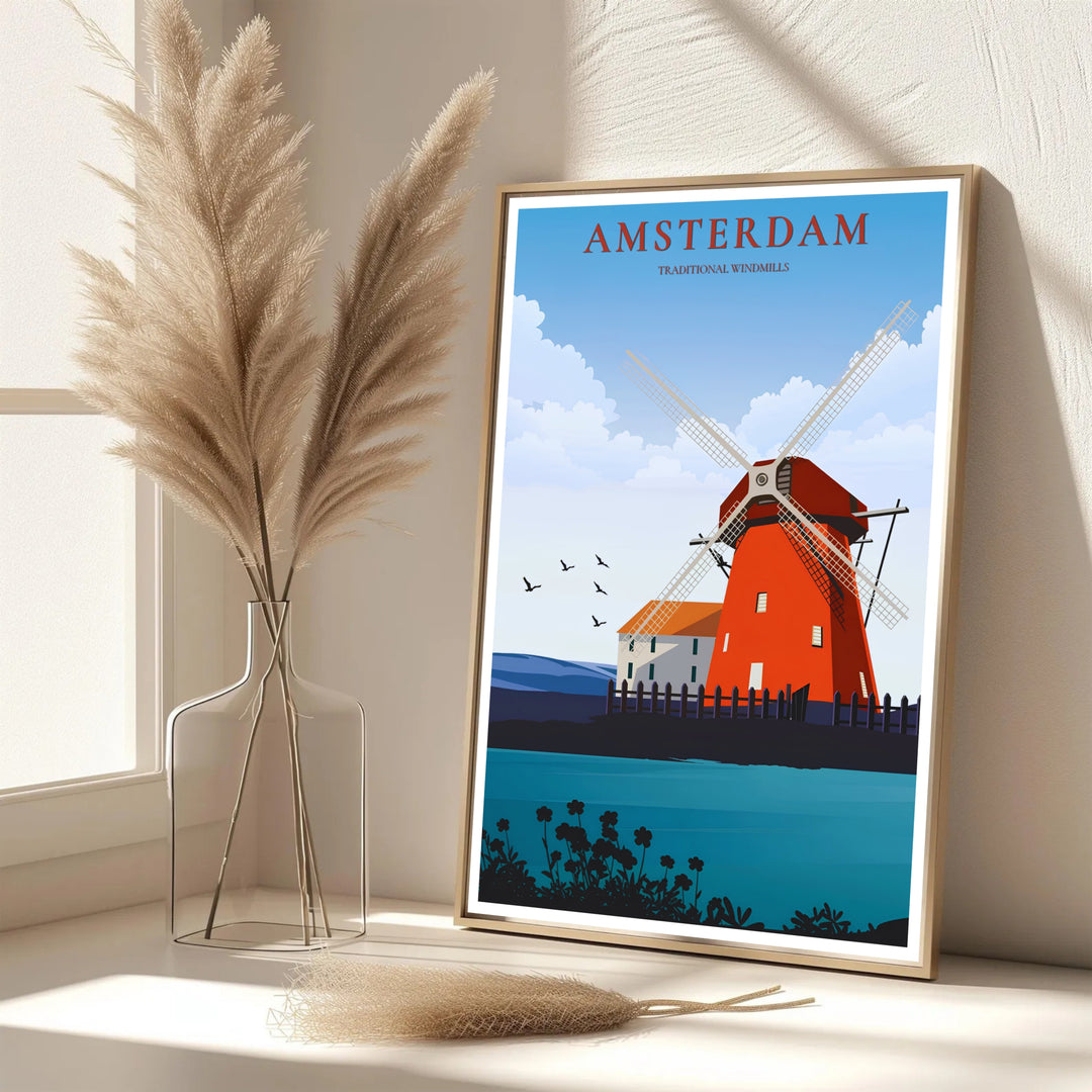 Elegant graphic European print featuring a red windmill silhouette and ocean teal waters in the Netherlands, provided by MapYourDreams with options for an unframed paper print, a gallery wrapped canvas, or a custom framed presentation style for lovers of vintage travel art.