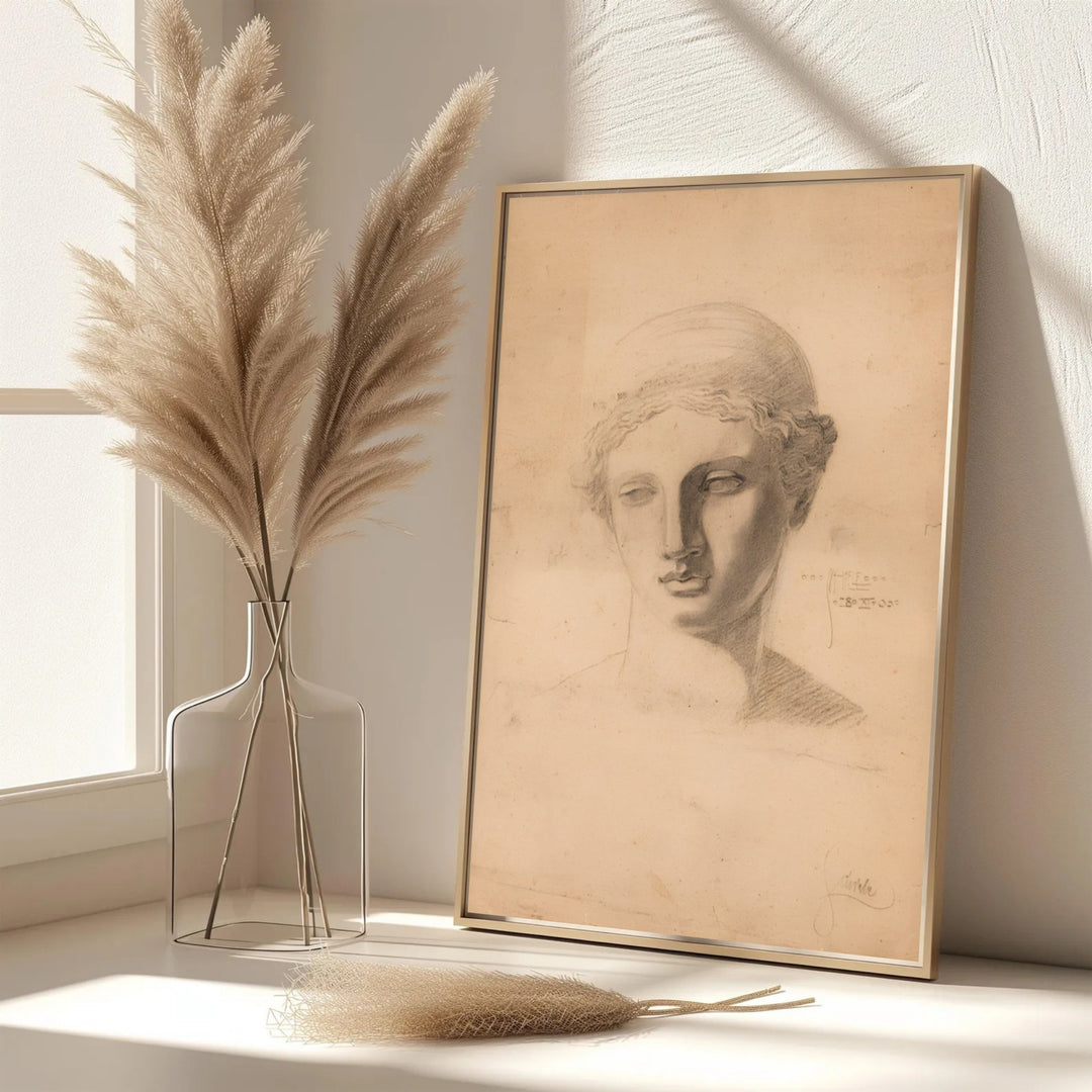 Elegant sepia head portrait poster of Egon Schiele Antique Head Study 1905 in Leopold Museum Vienna with authentic vintage paper texture. MapYourDreams features custom framed prints, unframed paper wall poster decor, and gallery canvas options for study rooms, hallways, and living areas.