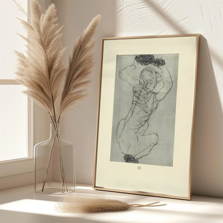 Elegant grey tone portrait poster of Egon Schiele Crouching Female Nude 1914 in Leopold Museum Vienna with authentic vintage print texture. MapYourDreams features custom framed prints, unframed paper wall poster decor, and gallery canvas options for study rooms, hallways, and living areas.