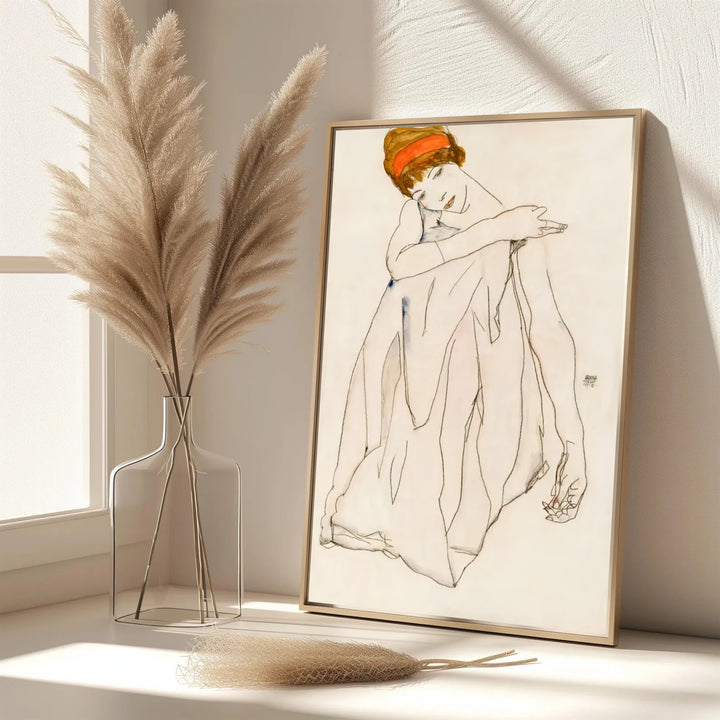 Fine art figure reproduction of Egon Schiele Dancer Tanzerin 1913 from Albertina Museum Vienna showcasing seated physical form. Select premium framed wall art, unframed paper poster prints, and stretched canvas decor options at MapYourDreams for understated room displays.
