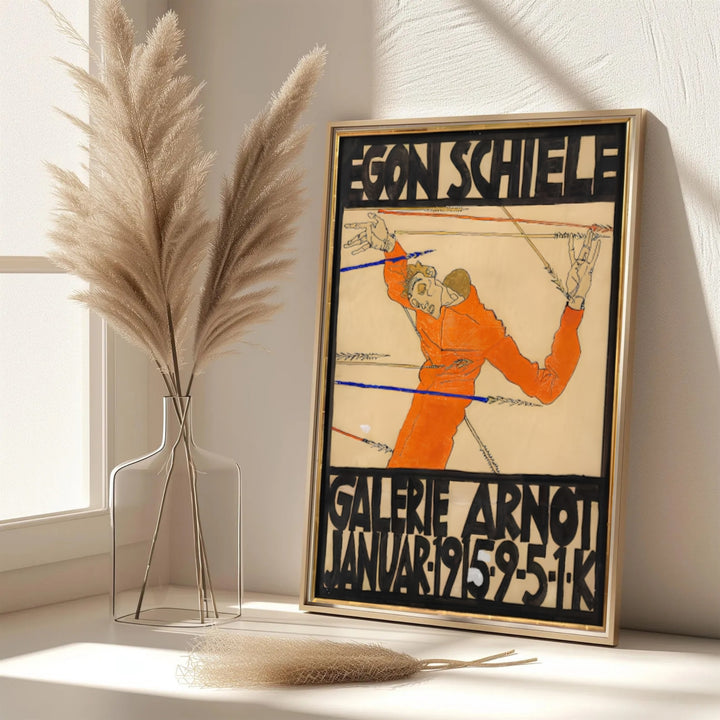 Elegant orange self portrait poster of Egon Schiele Galerie Arnot 1915 in Galerie Arnot Vienna with authentic vintage poster texture. MapYourDreams features custom framed prints, unframed paper wall poster decor, and gallery canvas options for study rooms, hallways, and living areas.