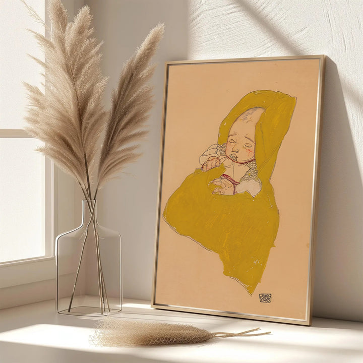 Elegant yellow blanket portrait poster of Egon Schiele Infant On A Changing Pad 1915 in Leopold Museum Vienna with authentic vintage paper texture. MapYourDreams features custom framed prints, unframed paper wall poster decor, and gallery canvas options for study rooms, hallways, and living areas.
