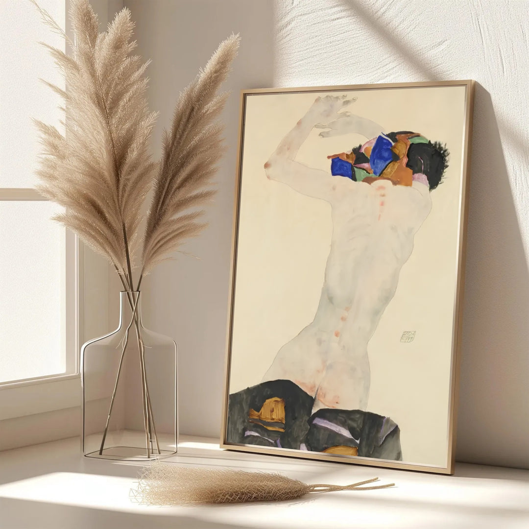 Elegant colorful cloth portrait poster of Egon Schiele Nude With Colorful Cloth 1911 in Leopold Museum Vienna with authentic vintage paper texture. MapYourDreams features custom framed prints, unframed paper wall poster decor, and gallery canvas options for study rooms, hallways, and living areas.